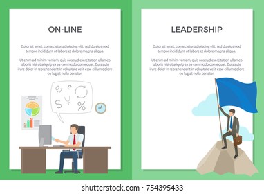 Online and leadership set of posters. Vector illustration of adult man working on computer along with smartly-dressed male standing on top of mountain