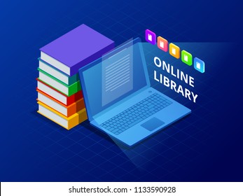 Online Learn or E-book library . Laptop computer with library books. Innovative education and technology. Vector illustration.