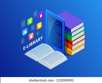 Online Learn or E-book library . Laptop computer with library books. Innovative education and technology. Vector illustration.