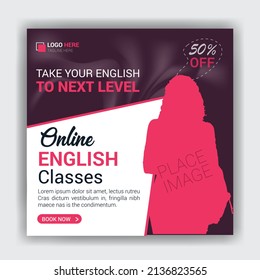 Online Learn English Language Course Lessons Social Media Post Design Template