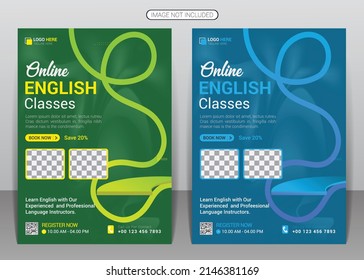 Online learn English language course lessons flyer design template