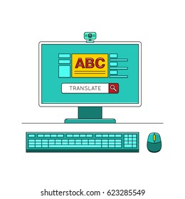 Online learn language concept with desktop computer vector illustration isolated on white background. Foreign language study icon in flat design