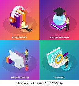 Online learning 2x2 design concept set of online courses online training audio books  square glow icons isometric vector illustration
