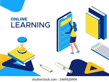 Online learning 3d isometric concept, landing page template, girl and mobile phone, digital education technology, distance study class, internet courses, webinar, blue, yellow line illustration