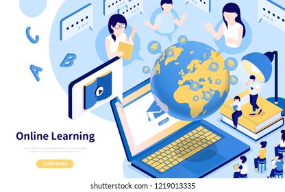 Online learning 3d isometric style illustration in blue and yellow