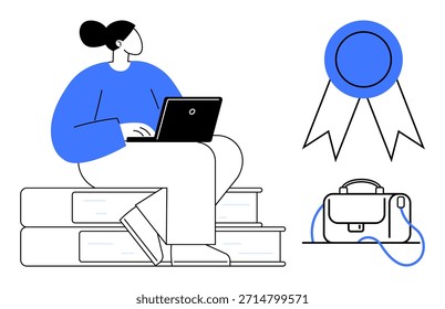 Aprendizaje en línea, éxito académico, educación a distancia, certificaciones, estudio, establecimiento de objetivos. Mujer sentada en los libros usando el ordenador portátil, la cinta del premio y el bolso colocados cerca. Aprendizaje en línea y académico