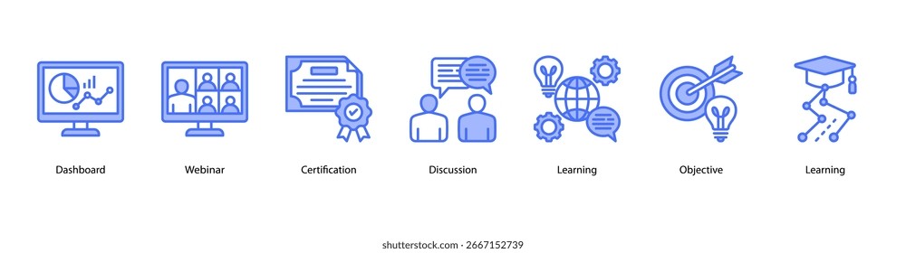 Ilustración vectorial de íconos de Anuncio de Web de actividades de aprendizaje en línea con panel de control, seminario web, certificación, discusión, aprendizaje, objetivo y aprendizaje.
