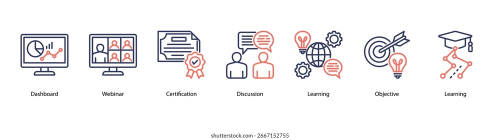 Ilustración vectorial de íconos de Anuncio de Web de actividades de aprendizaje en línea con panel de control, seminario web, certificación, discusión, aprendizaje, objetivo y aprendizaje.