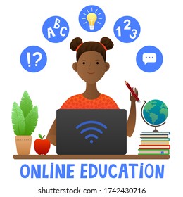 Online learning. African american girl at the computer. The concept of home schooling on the Internet. Courses, online lessons. Vector illustration in cartoon style. Quarantine. New opportunities.