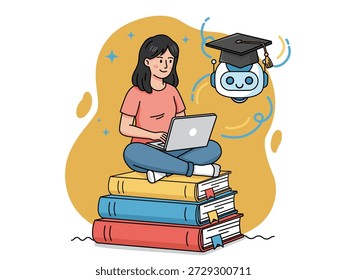 Aprendizagem on-line com AI Assistant – Estudante estudando com ilustração de inteligência artificial