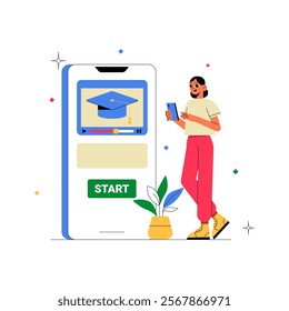 Online Learning App With Female User In Flat Vector Illustration Symbolizing Education, Technology, And Digital Courses, Isolated On White Background.