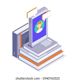Online learning app with user chatting and textbooks, 3D illustration