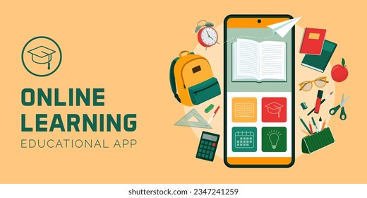 Online learning application on smartphone and school equipment, banner with copy space