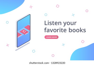 Online learning audio books landing page website template. Isometric concept of smartphone and audio book.