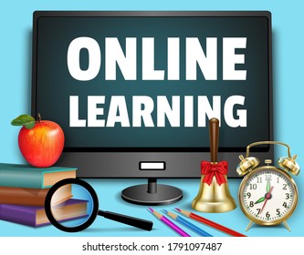  Online Learning - Back to School Web Banner. Monitor, books, alarm clock, magnifier, bell, apple, school supplies. 3D Realistic. Vector illustration.