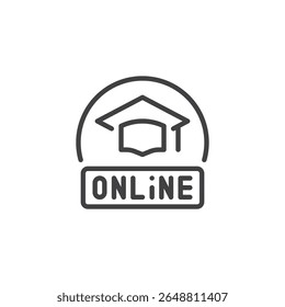Icono de línea de insignia de aprendizaje en línea. Vector de icono de esquema que muestra una insignia con la palabra 'en línea'. Este símbolo de icono se adapta a la educación virtual y las plataformas de e-learning.