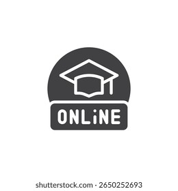 Ícone sólido do emblema de aprendizagem online. Um ícone de glifo com a palavra 'online' em um emblema. Este símbolo de ícone se adapta às necessidades dos símbolos de e-learning e educação digital.