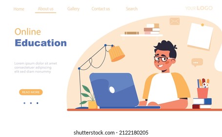 Online learning banner. Boy studying on computer vector illustration in flat style. E-learning for kids landing page template. Online courses of preschool education, distance learning or homeschooling