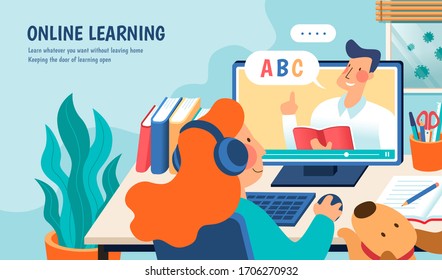 Online learning banner in flat style, a cute red-hair girl is having online course at home during COVID-19 quarantine