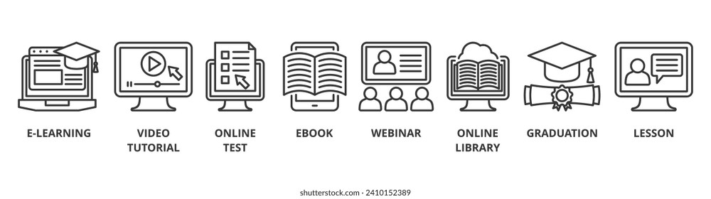 Pancarta de aprendizaje en línea icono de la web ilustración vectorial con icono de e-learning, video tutorial, prueba en línea, ebook, webinar, biblioteca en línea, graduación, lección