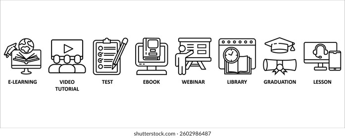 Online learning banner web icon vector illustration concept with icon of e-learning, video tutorial, test, ebook, webinar, library, graduation, lesson
