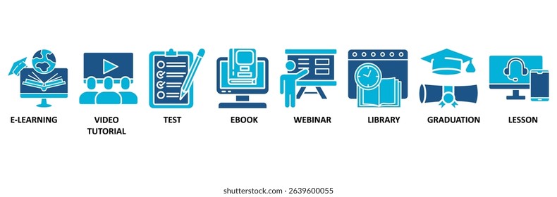 Online learning banner web icon vector illustration concept with icon of e-learning, video tutorial, test, ebook, webinar, library, graduation, lesson