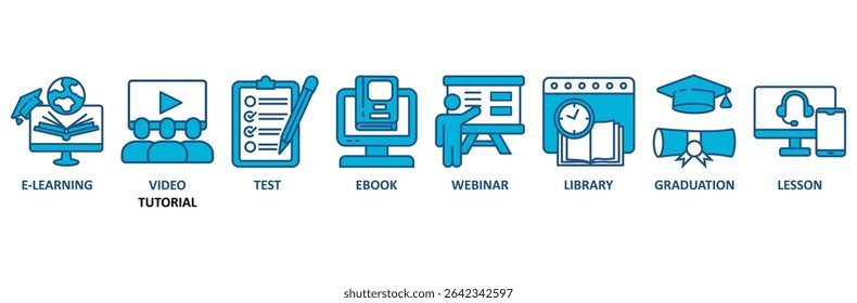 Online learning banner web icon vector illustration concept with icon of e-learning, video tutorial, test, ebook, webinar, library, graduation, lesson