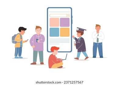 Online learning big smartphone  symbol of teaching university college application student flat vector illustration