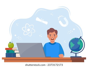 Online learning. Boy studying on computer. E-learning for kids landing page template. Online courses of preschool education, distance learning or homeschooling. Vector illustration