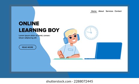 online learning boy vector. technology home, laptop internet, kid education, digital school, computer video online learning boy web flat cartoon illustration