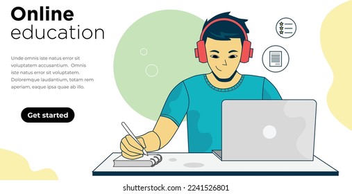 Aprendizaje en línea - Caricatura - Landing Page-E Education-Webinar-aula digital- Concepto de vectores planos-Ilustraciones-