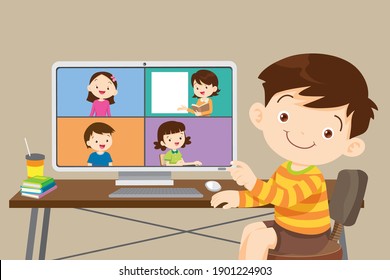 online learning children using  computer,cute student boy working with computer , Class of diverse young children remotely studying online using web app