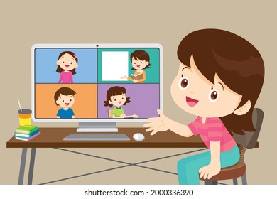 online learning children using  computer,cute student girl working with computer, Class of diverse young children remotely studying online using web app