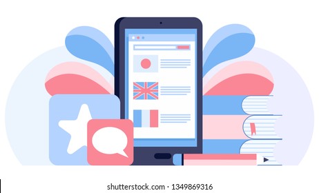 Online learning, choice of language courses, exam preparation, home schooling. Online Education, training courses and tutorials. Distance studying or e-learning. Flat illustration