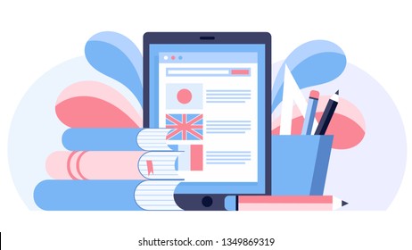 Online learning, choice of language courses, exam preparation, home schooling. Online Education, training courses and tutorials. Distance studying or e-learning. Flat illustration