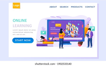 Online learning, choosing a profession landing page template. Students select occupation on the monitor screen. Freelancer is holding a laptop looking for a job, examines information on the network