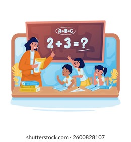 Online learning classes, Elementary school teachers and students learn mathematics, Vector illustration