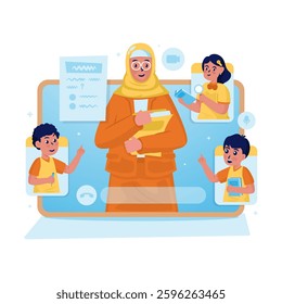 Online learning classes, Virtual education, Elementary school students webinar class, Vector illustration