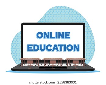 Online learning with classroom elements visible on the laptop screen, representing the shift towards virtual education. Flat vector modern illustration 