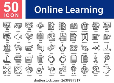 Online Learning Collection of Icons with Outline Style Containing: Course,Lesson,Module,Quiz,Test,Exam,Assignment,Homework,Project,Tutorial,Video,Audio,Topic,eBook,PPT,PDF,Note,Bookmark,Calendar