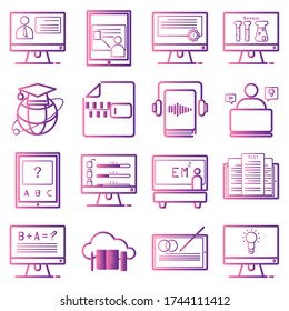 Online learning colorful icon set, online learning icons via multimedia equipment