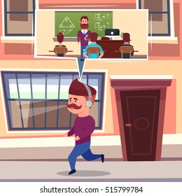 Online learning composition with hipster character on run with headphones audio lessons and classroom thought bubble vector illustration