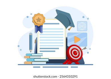 Online learning concept achieve educational goals in web environment beside computer screen with diploma. self development. Skills improvement. Flat vector illustration landing page template design.