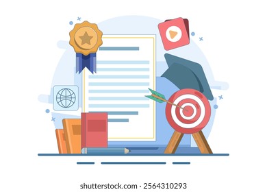 Online learning concept achieve educational goals in web environment beside computer screen with diploma. self development. Skills improvement. Flat vector illustration landing page template design.