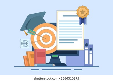 Online learning concept achieve educational goals in web environment beside computer screen with diploma. self development. Skills improvement. Flat vector illustration landing page template design.