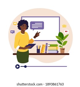 Online learning concept. African teacher at chalkboard, video lesson. Distance study at school. Vector illustration. Flat style.