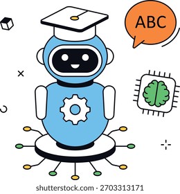 Conceito de aprendizado on-line com tutor de ar vestindo um boné de formatura. Mostrando bolhas ABC e um chip com cérebro, pode ser usado para cursos on-line, ou educação alimentada a ar. ilustração vetorial plana isométrica.