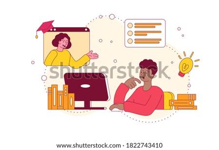 Online learning concept. A boy and his teacher participating in an online video lesson. Colored vector illustration