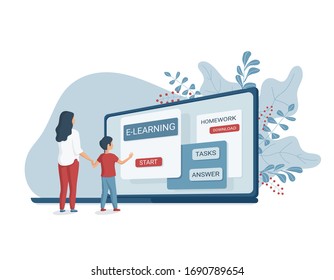 Concepto de aprendizaje en línea con personajes. Madre e hijo hacen deberes escolares en línea.  Ilustración vectorial del e-learning. Educación a distancia.
