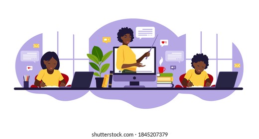 Konzept des Online-Lernens. Online-Unterricht. Afrikanischer Lehrer an der Tafel, Videounterricht. Fernunterricht in der Schule. Vektorgrafik. Flacher Stil.